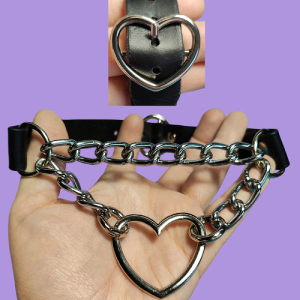 Handmade leather choker with a heart on a chain.